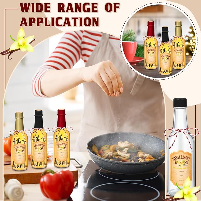 Tioncy 16 Pcs Empty Vanilla Extract Bottles for Homemade Vanilla Jar Glass Bottle with Cap, Shrink Band, Sticker DIY Crafts Wedding Gift Food Storage Canister for Bean(Black, Red, Gold,8.5 oz)