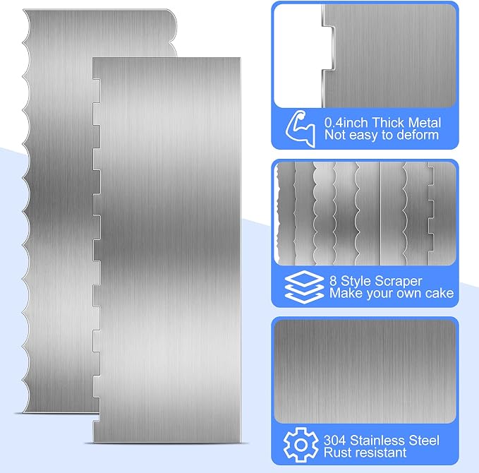 Geiserailie 4 Pieces Stainless Steel Cake Ice Scraper Metal Smoother Large Double Sided Patterned Edge Stripe 9 Inch Metal Cake Decorating Comb for Icing Mousse Butter Cream Decoration, 4 Styles