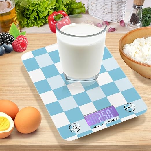 Food Scale Kitchen Digital Scale Food Ounces and Grams Dieting Baking Cooking Waterproof Glass Panels LCD Display,4 Units Scale Tare Function Plaid Blue White Checkered