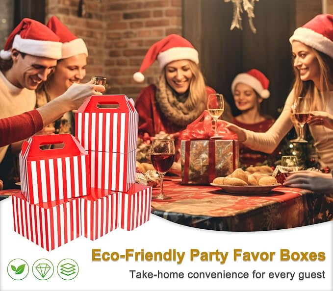 Happyhiram 40-Pack Large Gable Boxes Red Striped- 9x6x6 Inch Sturdy Cardboard Containers for Christmas Gifts, Box Lunches, Cookies, and Birthday Wedding, Easy to Assemble with Handles