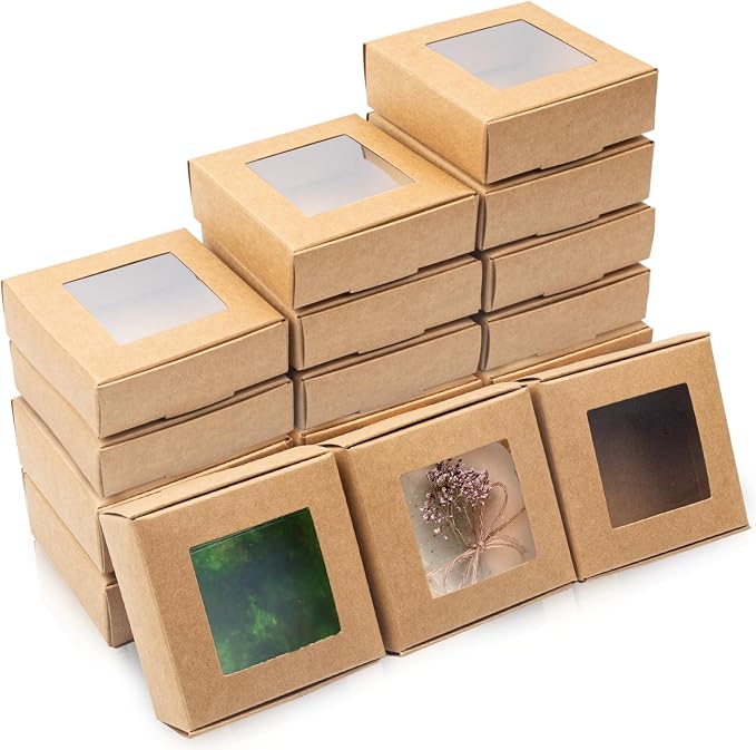 QUYLIXX 100 Pcs Soap Packaging Boxes with Window Mini Kraft Paper Boxes Bulk Treat Favor Boxes Rectangle Gift Soap Boxes for Homemade Soap Making Cookies Candy Prese
