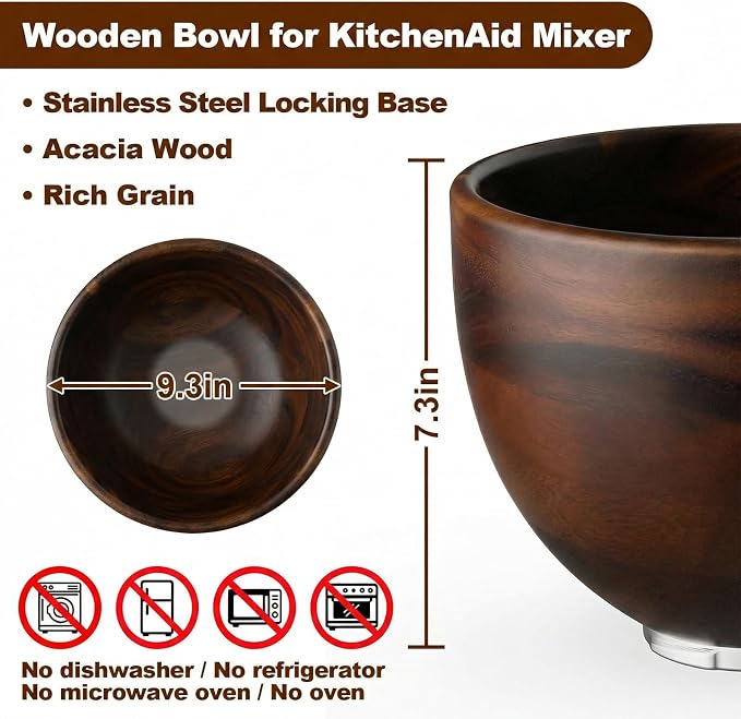 Cofun Premium Wood Mixing Bowl, Compatible with 4.5-5 Qt Tilt-Head Stand Mixers, Natural True Wooden Bowls, 5 Qt Kitchen Aid Bowls for Mixer with Stainless Steel Locking Base