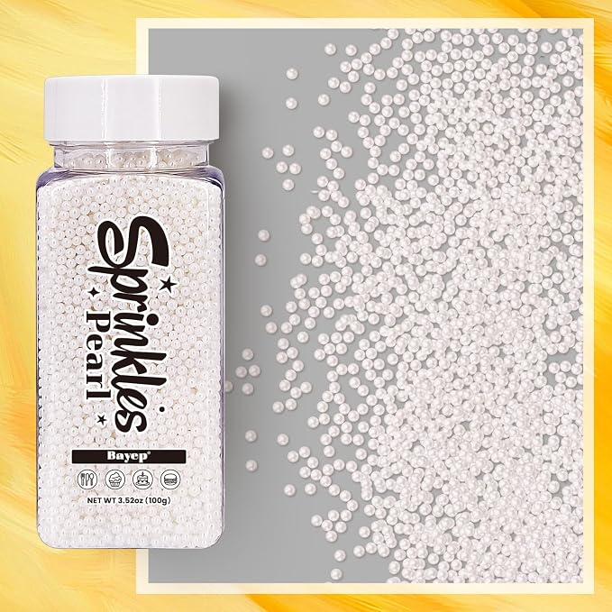 Bayep Edible Pearls for Cake Decorating 2mm White Sprinkles for Cookies, Baking, Ice Cream, Cupcake Topper Pearl Sprinkles Perfect for Wedding Party Valentines Christmas Holiday Supplies 3.52 Ounce