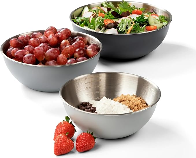 3 Piece Stainless Steel Mixing Bowls Set - Nested Kitchen Prep Bowls with Measurement Markings, 1.5 Qt, 2.3 Qt, 3.3 Qt, Dishwasher Safe