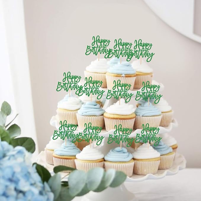 24 PCS Happy Birthday Cupcake Toppers Glitter Happy Birthday Cupcake Picks for Celebrating Anniversary Theme Party Cake Decorations Supplies Green