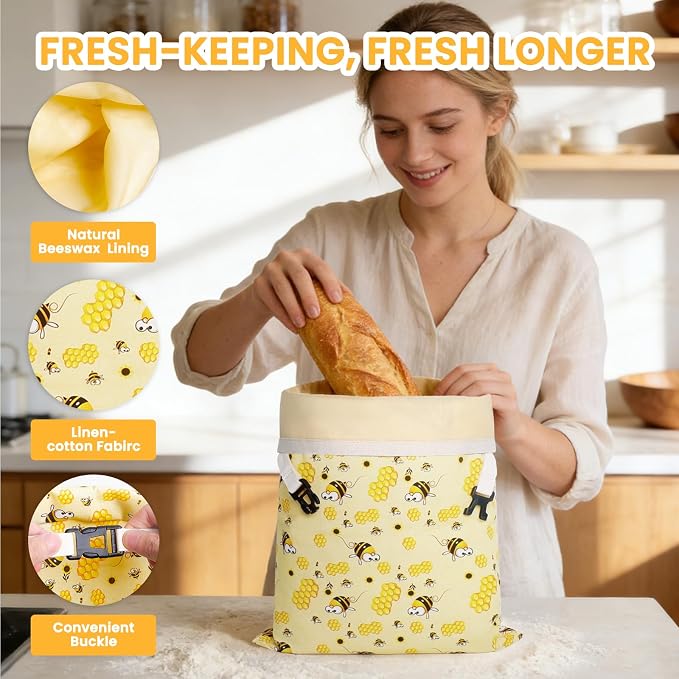 Beeswax Bread Bag for Homemade Bread Sourdough, 2 Pack Reusable Bees Waxed Infused Linen Wrap for Baguette Loaf Bread Freezer, Fresh Food Keeper Storage Container, Homesteading Essentials Yellow-Bee
