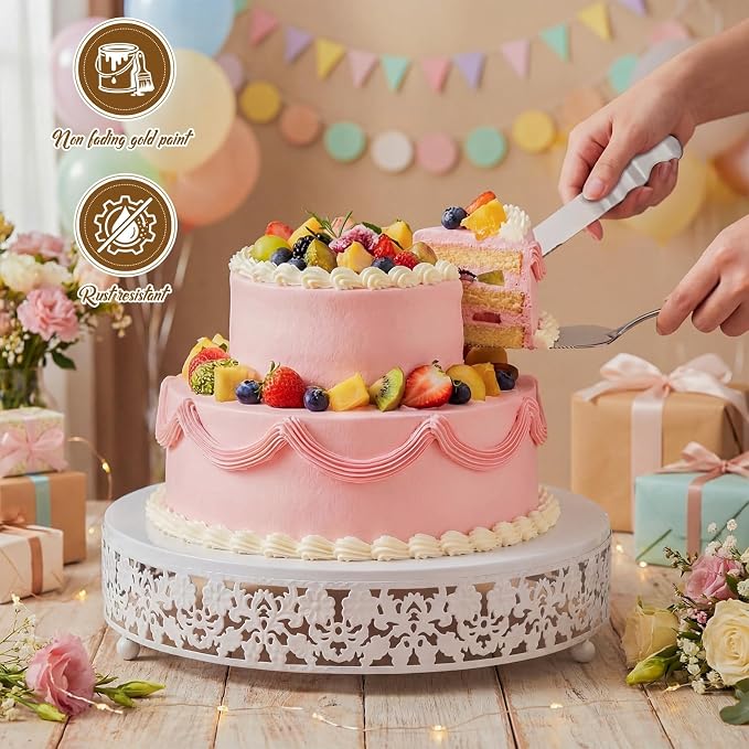 Wenqik 12 Inch White Cake Stand Set Metal Round Cupcake Dessert Stand with Cake Cutting, Flower Spatula Wedding Cupcake Pastry Display Candy Holder Display for Wedding Party Birthday Baby Shower