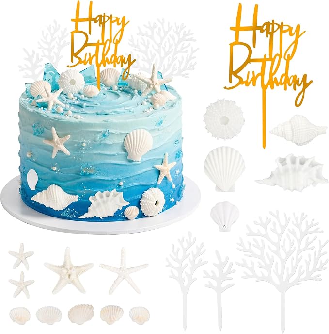 Hooqict 18Pcs Ocean Seashells Cake Decorations Set with Starfish Sea Shells Cake Toppers for Summer Happy Birthday Under the Sea Ocean Beach Birthday Party Decorations Supplies