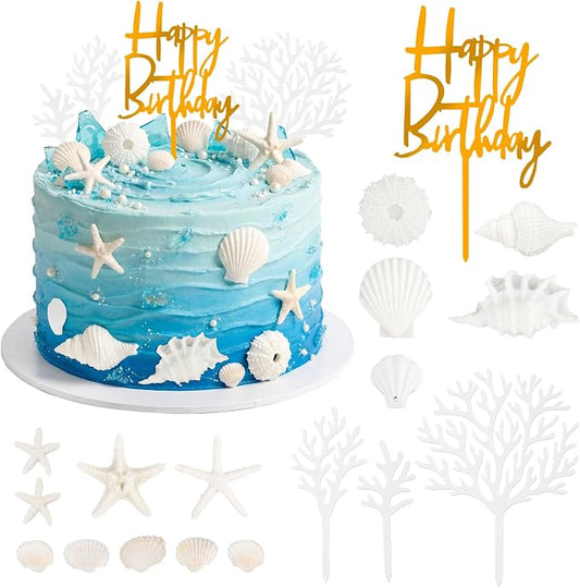 Hooqict 18Pcs Ocean Seashells Cake Decorations Set with Starfish Sea Shells Cake Toppers for Summer Happy Birthday Under the Sea Ocean Beach Birthday Party Decorations Supplies