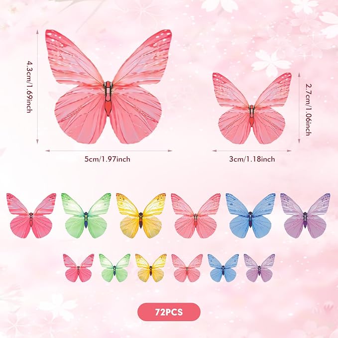 Butterfly Cupcake Toppers 72 Pieces Edible Cake Decorations, 6 Colors, Wafer Paper Butterflies for Birthdays Weddings Baby Showers Party Supplies
