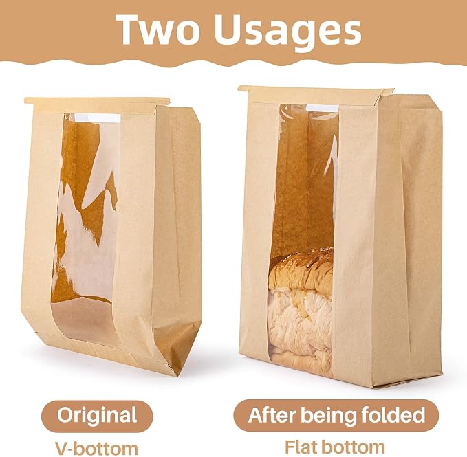 MAQIHAN 24 Bread Bags with Reusable Ties - Homemade Sourdough Bread Storage Bags Brown Paper Bagel Loaf Bakery Bags with Window Toast Bags with Resealable Ties Disposable Baked Goods Sale Packaging