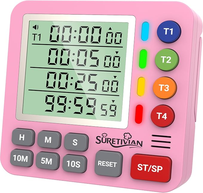 Digital Kitchen Timer for Cooking - 4 Channel Count Up Countdown Timer with Loud Alarm and Silent Mode, Large Display, Magnetic Back, Auto Memory for Classroom Study Gym, Battery Included (Pink)