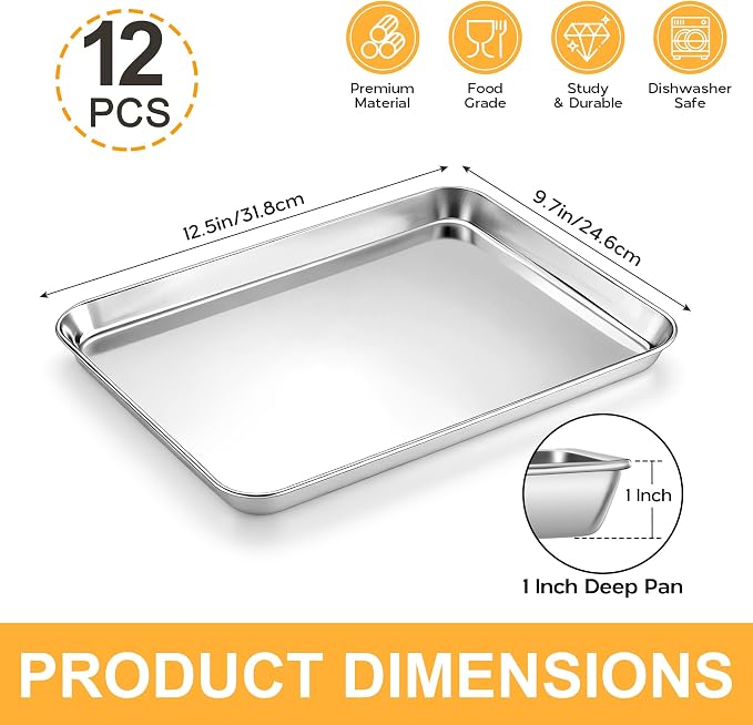 Onader 9 x 13 Inch Baking Sheet Set of 12, Stainless Steel Quarter Sheet Pan for Baking & Roasting, Metal Cookie Toaster Oven Pan Tray, Heavy Duty & Dishwasher Safe (Actual Size: 12.5" x 9.7")