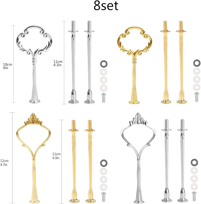 Gukasxi 8 Sets of 3 Tier Cake Plate Stand Handle Cake Stand Hardware Handle, 2 Styles Christmas Party Fruit Cake Plate Handle Cake Cupcake Fruit Tray Stand Handle Plate Hardware Fitting Holder