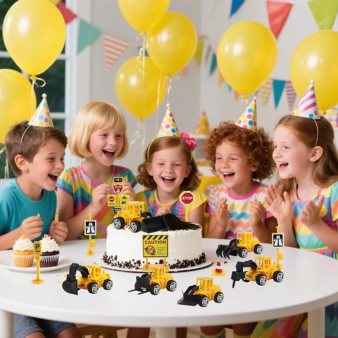 Mini Construction Vehicles Cake Topper 16pcs Truck Excavator Traffic Road Sign Cake Cupcake Topper Construction Truck Vehicles Toy Cake Decoration for Engineering Transportation Theme Party
