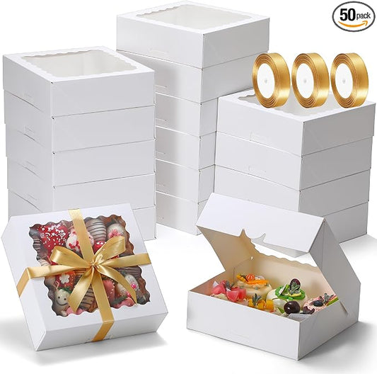 COTOPHER Auto Pop Up Cookie Box with Window 8x8x2.5 Inches – 50 Pack White Bakery Boxes with Gold Ribbon for Birthday Party Favors, Wedding, Christmas Gift Packaging for Cookies, Candy, Macarons