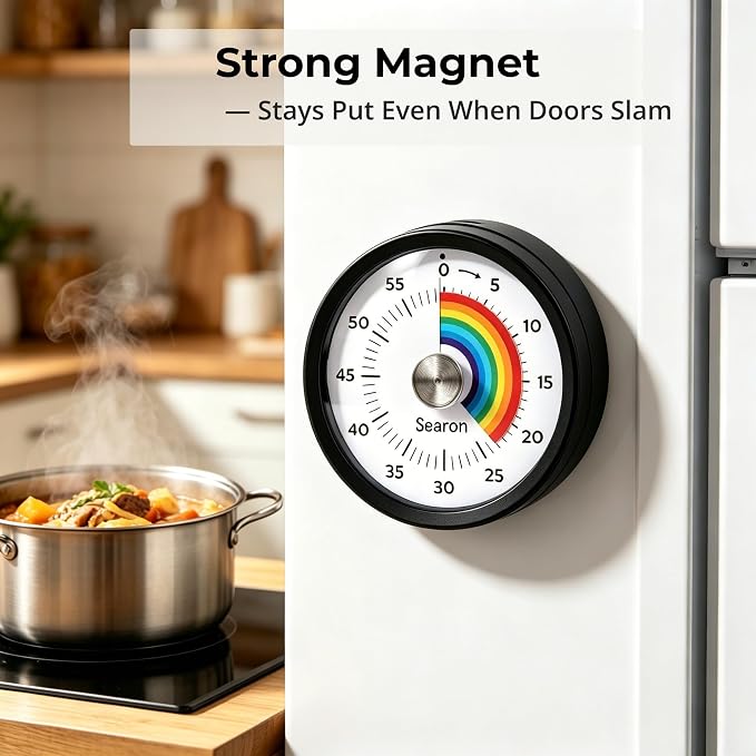 Searon Magnetic Visual Timer for Kids & Kitchen – 3.15" Rainbow Countdown Clock, 60-Minute Dial Timer, Sound or Silent LED Alert, Pause Function for Cooking, Baking, ADHD & Daily Routines (Black)