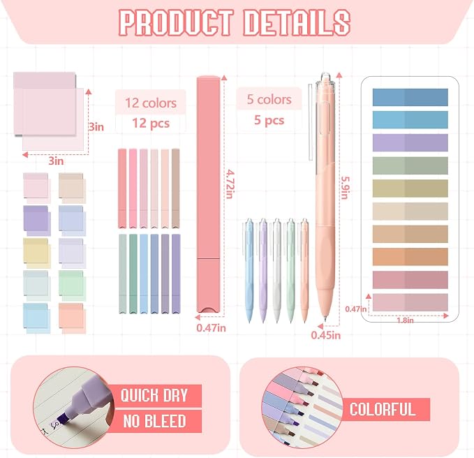 Jutom 39 Pcs Aesthetic Book Annotation Kit Highlighter with Case Bag Gel Pen Transparent Sticky Note Taking Bible Supplies(Pink,Kawaii Style)