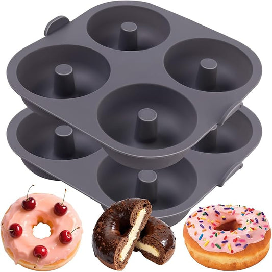 Silicone Doughnut Molds for Air Fryer, Set of 2, 8-Cavity Non-Stick Donut Pans with Carrying Handle, Doughnut Bagel Baking Tin for Muffins Cake, Dishwasher Safe, Grey