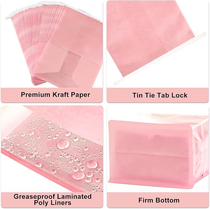 50 PCS Bakery Bags with Window - Reusable Cookie Bags With Seal Stand Upright Cookie Packaging Bag With Tin Tie Tab Lock Kraft Paper Bread Bags For Sourdough Pastry,Donuts,Popcorns, Snack (Pink Large)