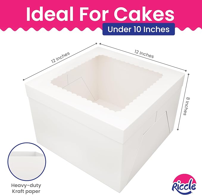 RICCLE 15pcs Cake Boxes, 12x12x8 Inches Tall Cake Box with Window, Large White Bakery Boxes, Baking Boxes, Square Cardboard Cake Box for Multi-Layer Cakes, Cake Decorating Supplies