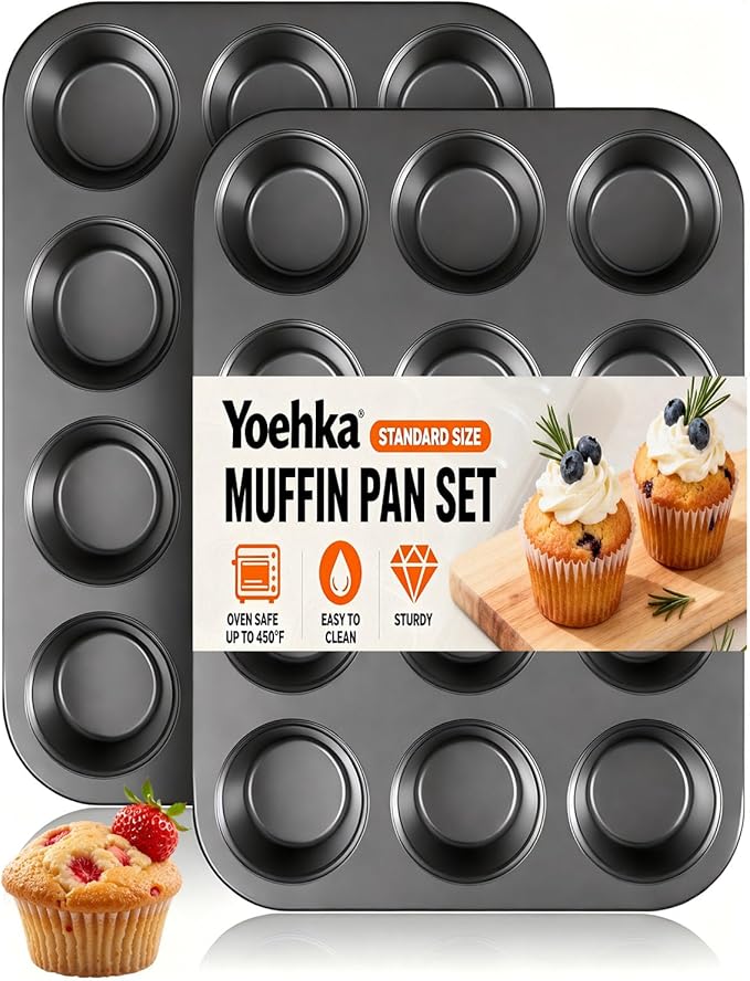 Yoehka 2 Pack Muffin Pan for Baking, Nonstick Cupcake Pan Set, Standard 12-Cups Muffin Tin for Baking Cupcakes, Carbon Steel Baking Supplies