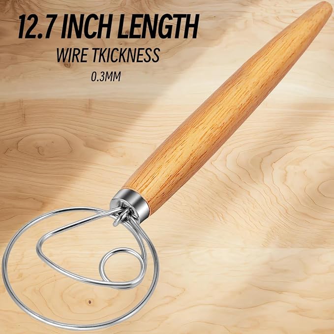 TEEVEA Danish Dough Whisk 13 Inch | Material: food grade stainless steel wooden handle; Use: mix sourdough bread dough; Feature: rust proof; Scene: home baking