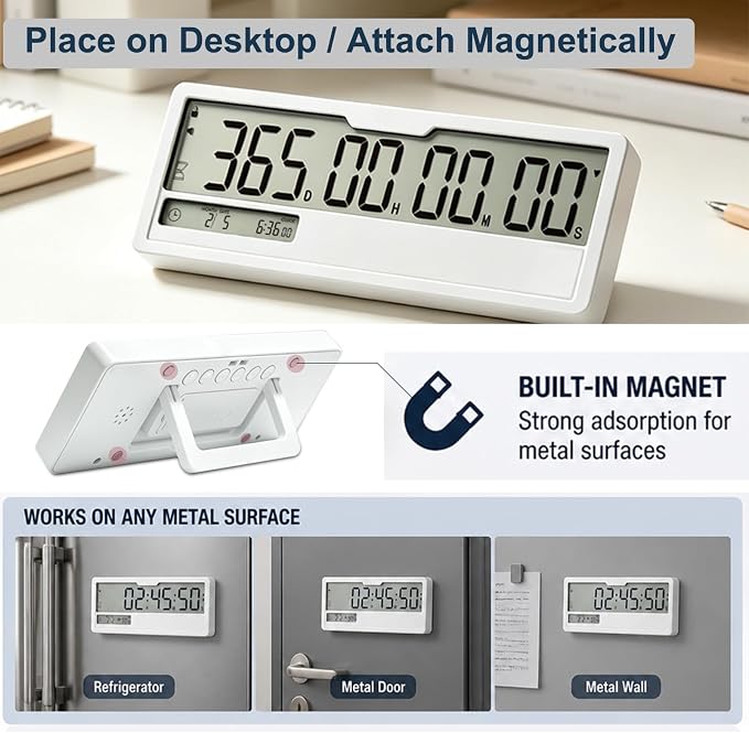 Digital Countdown Timer Clock 9999 Days Calendar Timer, Custom Past Date Countup & 6 DIY Writeable Stickers, Magnetic Count Down Clock for Retirement Wedding Pet Memorial Vacation Classroom Lab