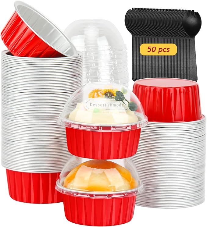 Red Cupcake Liners Muffin Tins 50 Pack,Free-Air 5oz Aluminum Foil Baking Cups with Lids,Disposable Ramekins Cupcake Pans,Jumbo Muffin Liners Cupcake Cups for Custard Mini Pie,with 50 Spoons-Red