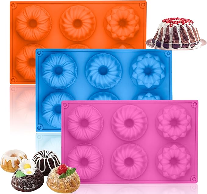 Mini Cake Pan,6-Cavity Fluted Tube Cake Pan, Non Stick Silicone Fancy Baking Molds for jello, Cupcake, Doughnut, Cornbread (Set of 3)