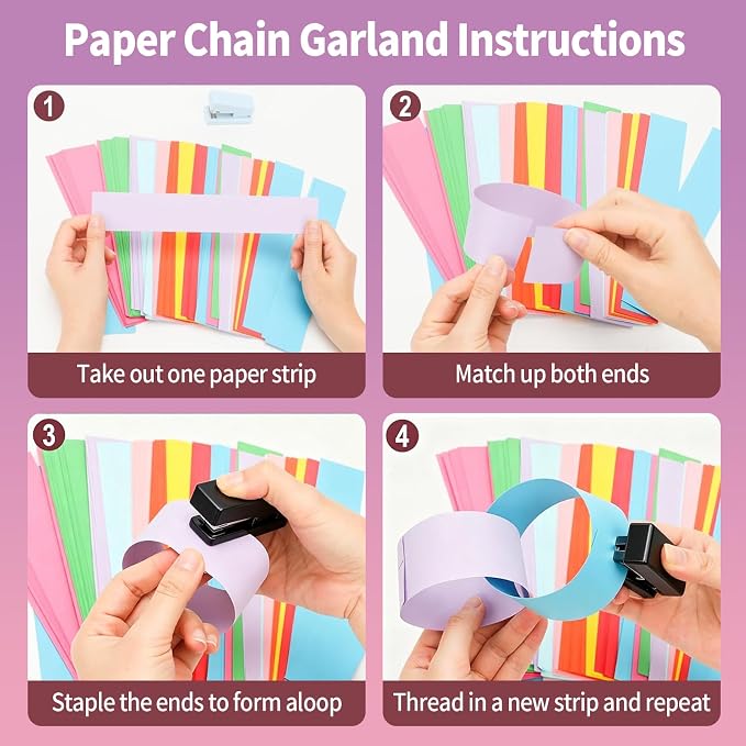1000 Sheet Paper Chain Garland Strips Set with 10 Rolls Crepe Paper Streamers & 52.8ft Gold Star Garland,DIY Construction Paper Chain Kit for Birthday, Wedding, Classroom, Party Decorations (Macaron)