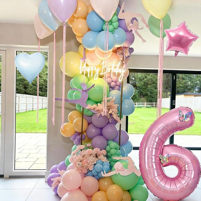 Pastel 6th Birthday Decorations for Girl,Macaron Rainbow 6th Party Decoration Pink Blue Purple Green Yellow Colorful Balloons Banner Star Heart Number 6 Foil Balloon Cake Topper Butterfly Stickers