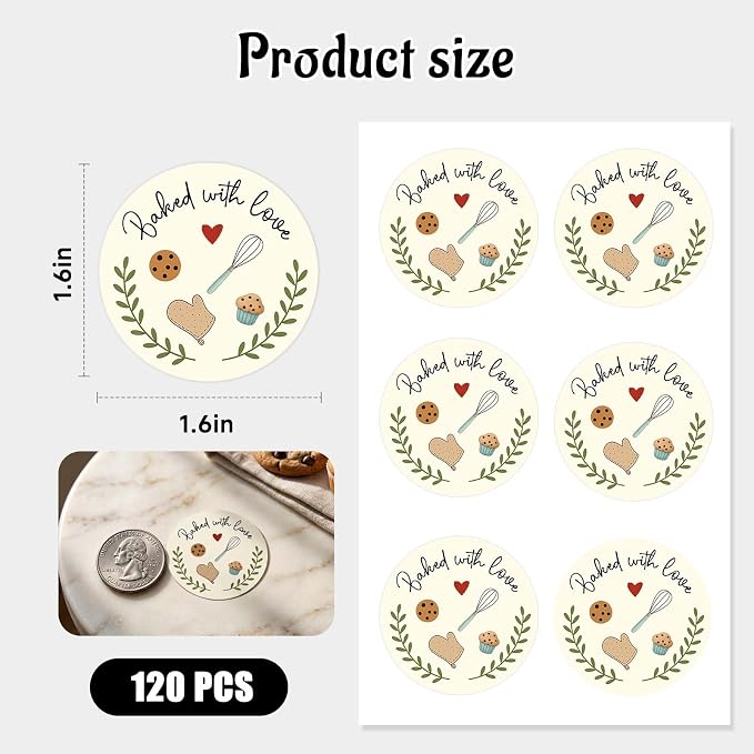 120 Pack Baked with Love Stickers, Round Baking Labels for Cookies, Sourdough Bread & Homemade Treat Packaging, Bakery & Small Business Sealing Stickers for Gift Bags, Boxes & Jars, 1.6"
