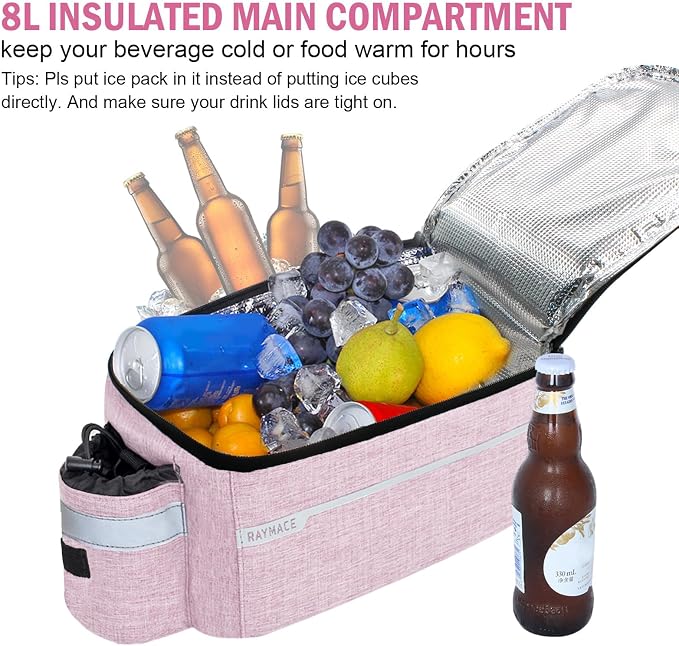 RAYMACE Bike Rear Rack Bag, Bike Trunk Cooler Bag, Bicycle Pannier for Warm or Cold Items (Pink)