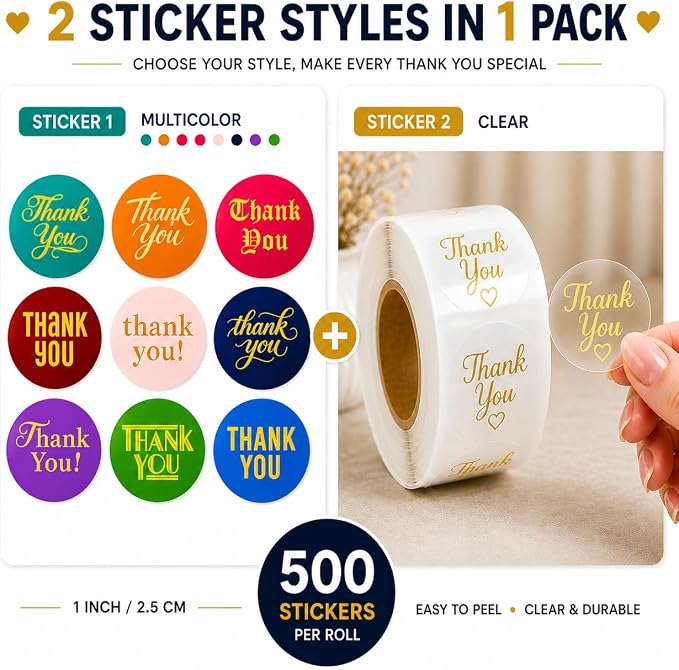 1000 Thank You Stickers Roll, 1 Inch Round Thank You Labels, Bulk Thank You Stickers for Small Business Packaging, Boxes, Bags, Envelopes & Party Favors, 2 Rolls of 500, Multicolor & Clear