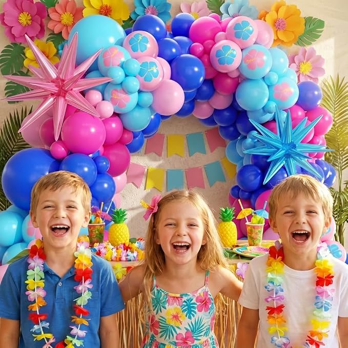 Royal Blue and Pink Balloons Garland Arch Kit - 5 10 12 18 inch Different Size Blue Pink Hibiscus Latex Balloons for Summer Tropical Hawaii Cartoon Birthday Baby Shower Party Decorations