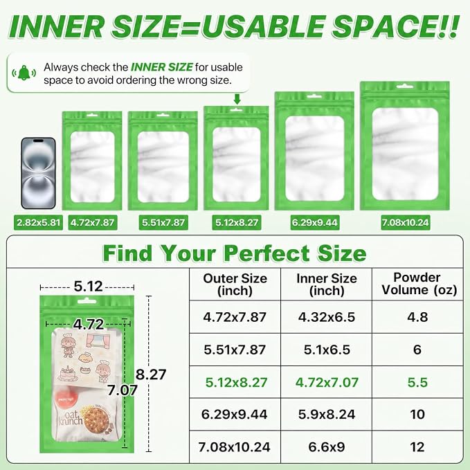 ANZNKU 100 Pack Lime Green Resealable Mylar Bags with Frosted Clear Window 5.12x8.27", Smell Proof Sealable Packaging Bags for Small Business, Foil Pouch Zip Goodie Bag for Candy Treat Jewelry