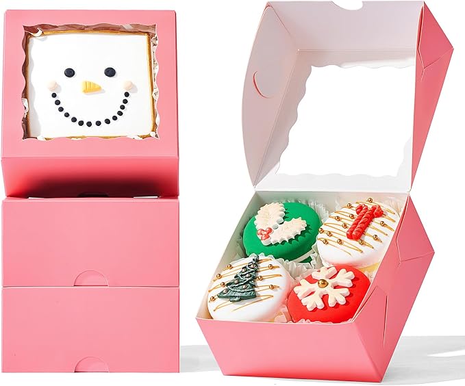 50-Count 4x4x2 Inches Food-Safe Pink Bakery Boxes - Multi-Use Pastry & Treat Packaging for Cookies, Truffles & Wedding Favors (Stackable Gift Boxes for Cakes, Pies & Cinnamon Rolls)