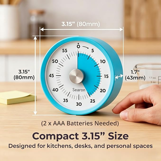 Searon Magnetic Visual Kitchen Timer, 60 Minute Countdown Timer with LED Alert, Turn the Dial to Start, No Winding Needed for Cooking, Baking, Meal Prep & Daily Kitchen Tasks (Blue)