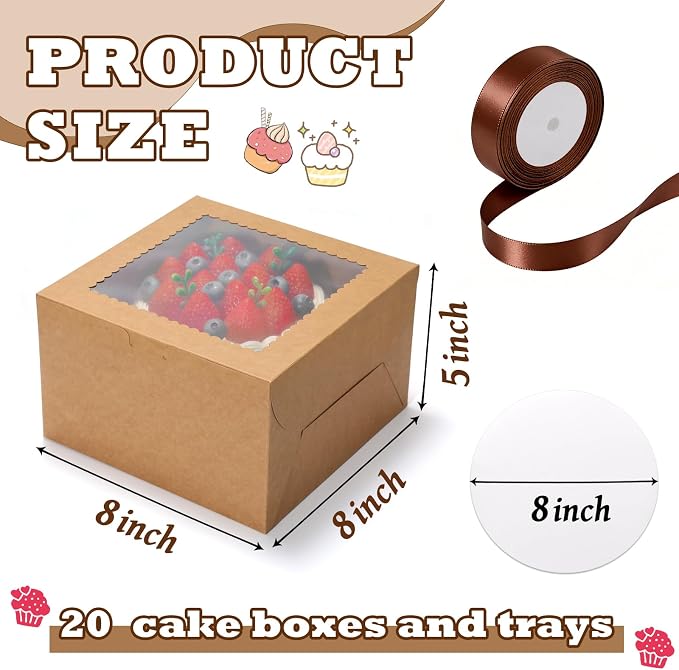 KPOSIYA 40pcs 8x8x5 inches Cake Boxes with Cake Boards（20 Boxes & 20 Boards）, 8 inch Brown Cake Boxes with Window,Cajas Pasteles Square Cardboard Cake Containers for Christmas Thanksgiving