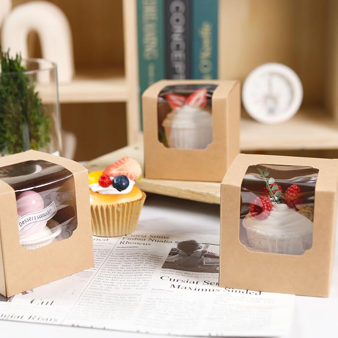 NPLUX 25 Pcs Cupcake Boxes Individual Cupcake Containers Pre-Assembled Single Cupcake Boxes 3.5"x3.5"x3.5" with 25 Pcs Inserts for Cupcakes Muffins Party Favors(Brown)