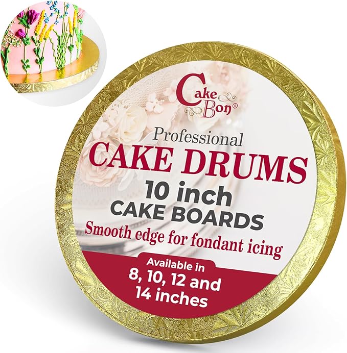 Cakebon Round Cake Boards - Sturdy 1/2 Inch Thick Cake Drums - 10 Inch Professional Base para Pastel Smooth Straight Edges Gold 3-Pack