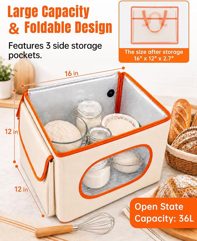 Foldable Bread Proofing Box with Temp Control, 3 Side Pockets &Front Window | Bread Proofer with Handle, 50-113°F Control, 15-Preset 0-48H Timer for Sourdough Proofing Box, Pizza Dough, Yogurt & Kombucha