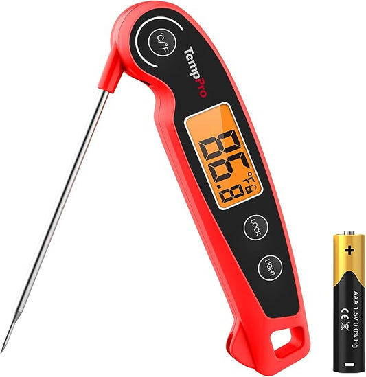 TempPro TP605 Instant Read Meat Thermometer for Cooking, Waterproof Digital Food Thermometer with Large Backlit LCD, Kitchen Thermometer for Grilling, Smoking & Candy Making (Previously ThermoPro)