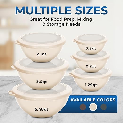 Bakken Master 12 Piece Plastic Nesting Bowls with Lids - Mixing Bowls Set includes 6 Prep Bowls and 6 Lids, BPA-Free, Reusable Meal Prep Containers, Microwave, Freezer & Dishwasher Safe, White Cream