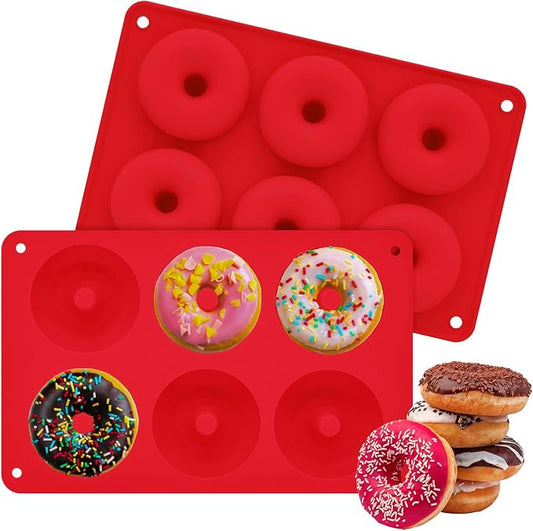 2er Pack Silicone Donut Mold - Non-Stick Silicone Doughnut Pan DIY Chocolate Baking Cookie Molds, Heat Resistant, Make Donut Cake Biscuit Bagels, BPA Free Dishwasher Safe (red, 6 Cavities)