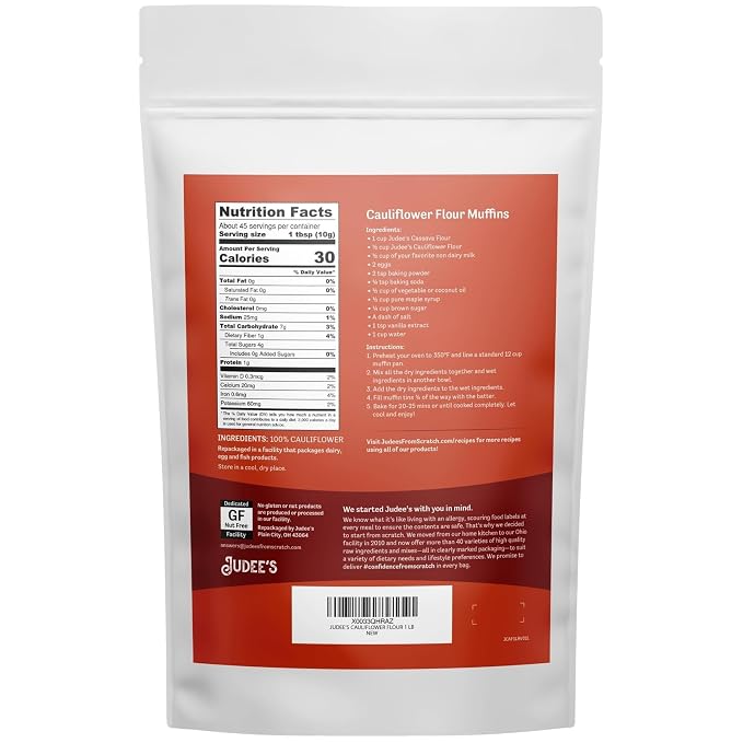 Judee's Cauliflower Flour 1 lb - Just One Ingredient - 100% Non-GMO, Gluten-Free, and Nut-Free - Perfect for Baking and Cooking - Great for Soups, Stews, and Chilis