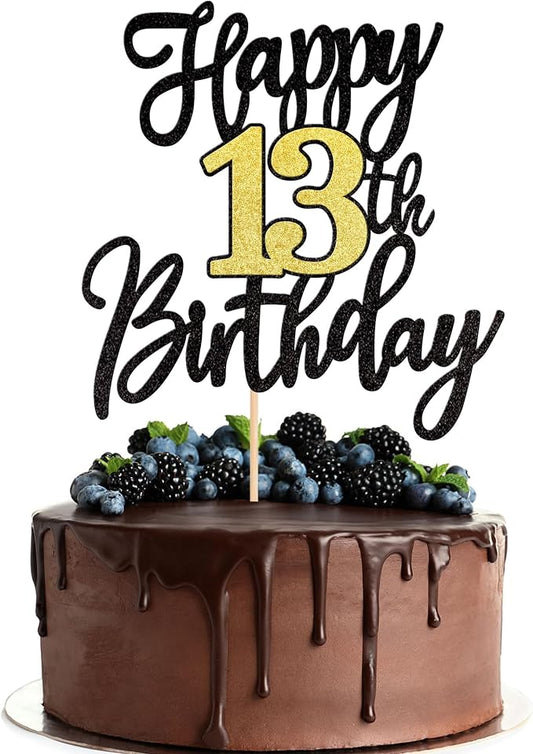 1 PCS Happy 13th Birthday Cake Topper Black Gold Glitter Cheers to 13 Years Birthday Cake Pick 13 Fabulous Cake Decoration for Happy 13th Birthday Anniversary Party Cake Decorations Supplies