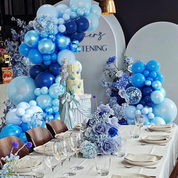 Blue Balloon Arch Kit, 143Pcs Metallic Navy Light Blue Balloons for Birthday Wedding Baby Shower Gender Reveal Decorations, Blue