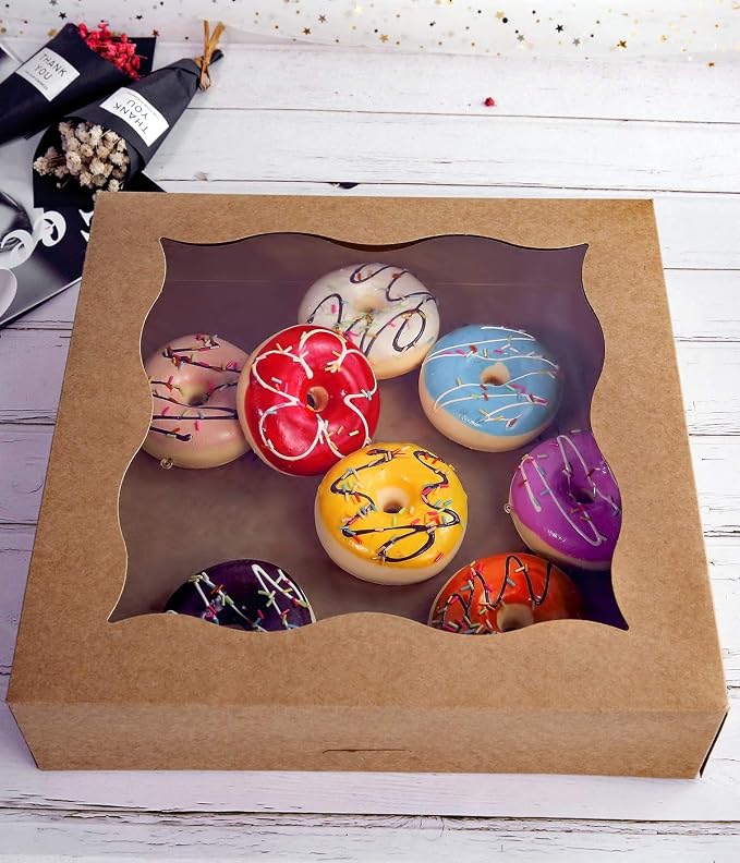 CHERRY 12"x12"x3" Brown Bakery Boxes with PVC Window for Pie and Cookies Boxes Large Natural Kraft Paper Box, Pack of 12
